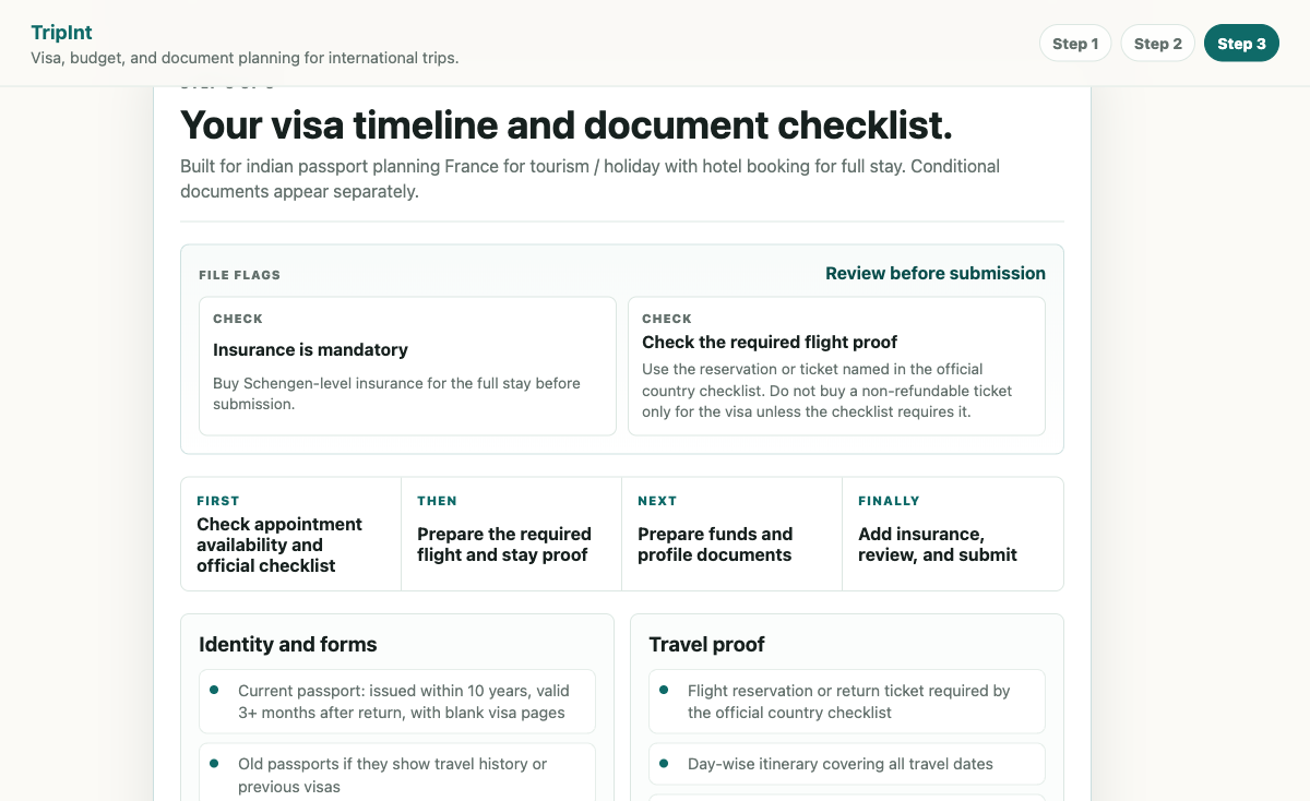 TripInt showing a sample Schengen trip plan